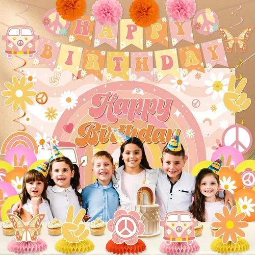 Vista 5 de Decoraciones de cumpleaños geniales para niñas y niños, retro hippie margarita, pancarta de feliz cumpleaños, telón de fondo de panal de abeja