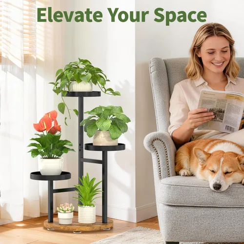 Vista 7 de LASZOLA Soporte de metal de 3 niveles para esquina interior, soporte de madera resistente para múltiples plantas, estante de exhibición de macetas