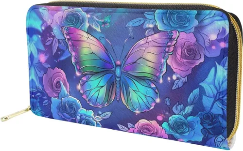 Vista 5 de FOR U DESIGNS Cartera larga con cremallera alrededor de las mujeres de la PU del teléfono del embrague de la tarjeta del, Mariposa estética arco iris