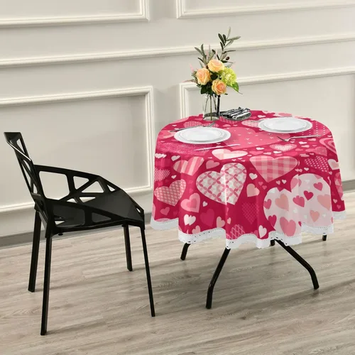 Vista 6 de Mantel redondo para el día de San Valentín de 60 pulgadas, color rosa y rojo, con corazones, mantel de encaje resistente al agua, a prueba