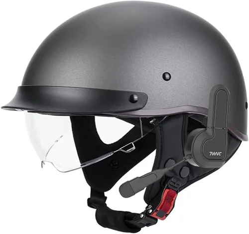Vista 12 de Casco de motocicleta con Bluetooth, estilo alemán, casco abierto, aprobado por DOT, micrófono con altavoz integrado con visera retráctil