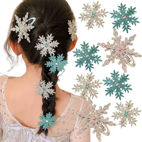 Vista 10 de 8 piezas de pinzas para el cabello con copo de nieve azul y blanco, accesorios para el cabello de Navidad para mujeres, lazo de Navidad para el Azul