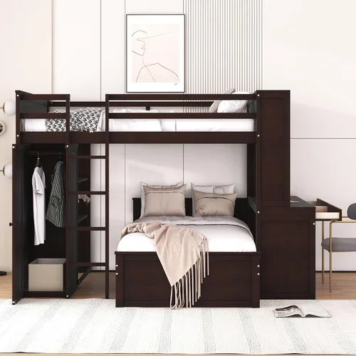 Vista 16 de VilroCaz Modern Elegance - Cama tipo loft de tamaño matrimonial con cajones de almacenamiento y escritorio, marco de cama de madera maciza
