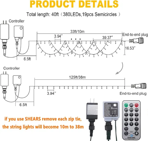 Vista 3 de KAZOKU Luces de Navidad para Exteriores 380LED 40 Pies Impermeables Luces de Cadena de Hadas Extensibles Semicirculares Luces de Navidad Control Luz