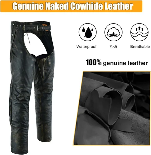 Vista 2 de GARGOYLE BELLS Chaparreras de cuero para motocicleta premium para hombres y mujeres, chaparreras de cuero de vaquero con cremallera auténtica