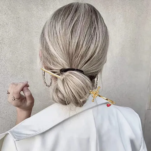 Vista 5 de Paquete de 2 accesorios para el cabello con borla de espada china para mujer, moños con gemas para el cabello (dorado)