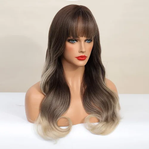 Vista 7 de Peluca marrón con flequillo para mujer, peluca larga ombré marrón oscuro, peluca sintética ondulada con raya en medio, cabello natural resistente al