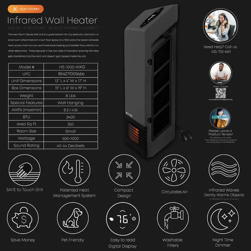 Vista 11 de Heat Storm - Calentador infrarrojo de pared HS-1000-WX para interiores, ahorrador de espacio, 1000 vatios, con control remoto, rejilla segura al Gris