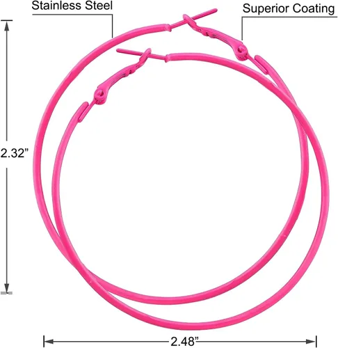 Vista 2 de Aretes de aro rosa para mujer, 2.36 pulgadas, grandes aros de acero inoxidable de los años 80 y 90, aretes grandes retro neón para fiesta