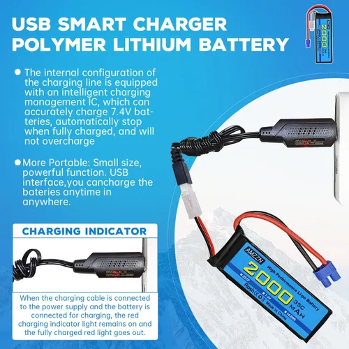 Vista 4 de Batería Lipo de 7.4V 2000mAh 35C 2S EC2 Plug Lipo con cable de carga USB para coche RC, modelo de camión, barco de control remoto, RC Quadcopter