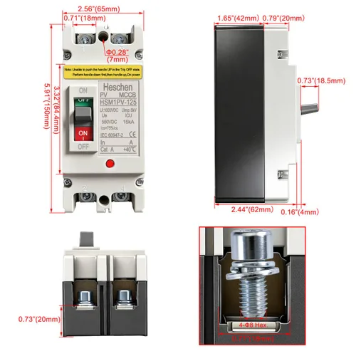 Vista 5 de Interruptor de desconexión de batería Heschen 63A 550V DC Disyuntor solar
