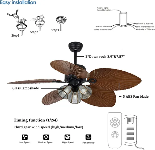 Vista 4 de OUKANING Palm Island Bali Breeze Ventilador de techo, cinco hojas de palmera, ventilador tropical, con control remoto (52 pulgadas)