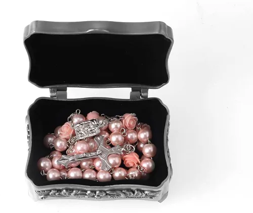 Vista 4 de WHLHMK Rosario católico para mujer con caja de rosario, collar de rosario de cuentas de cristal azul con caja de joyería vintage de la última cena