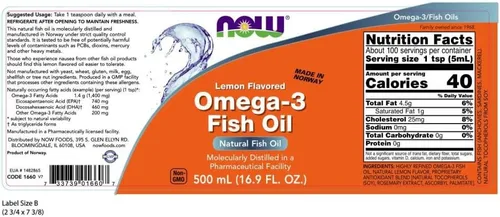 Vista 2 de NOW Suplementos, aceite de pescado líquido omega-3, destilado molecularmente, sabor a limón, 16.9 onzas