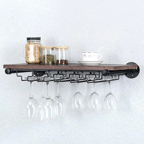 Vista 9 de Estante de vino industrial montado en la pared con soporte para 5 vidrios,Estante flotante para copas de vino,Estantería de tubo de 24 pulgadas