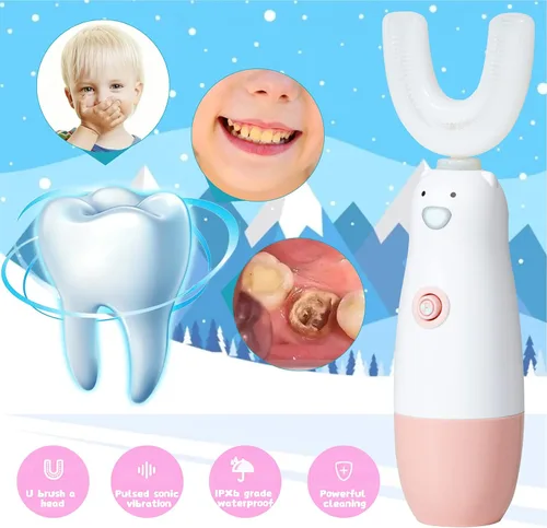 Vista 2 de Cepillo de dientes eléctrico para niños, cepillo de dientes en forma de U para niños pequeños, cepillo de dientes impermeable con batería, cepillo
