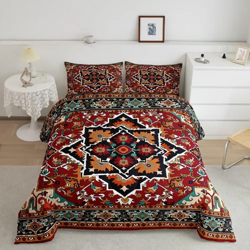 Vista 18 de Erosebridal Juego de edredón bohemio individual, juego de ropa de cama exótica bohemio, retro, azul, amarillo, degradado, rojo, floral, bohemio