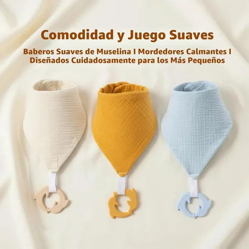 Vista 2 de Baberos de dentición para bebé, paquete de 6 con mordedor acoplable, 100% algodón orgánico, baberos súper absorbentes y suaves Beige