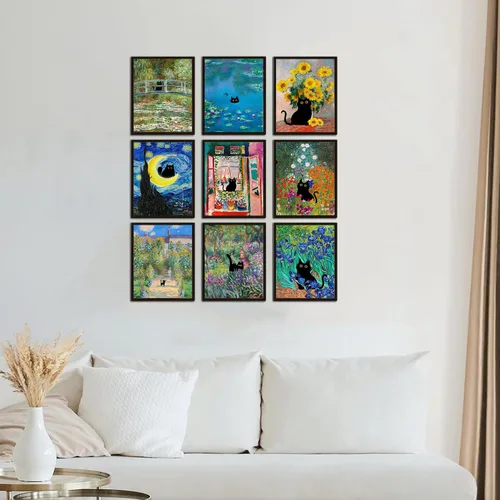 Vista 4 de Kizbok Juego de 9 carteles divertidos de gato negro, impresiones artísticas de pared de gato negro vintage de Monet Matisse Van Gogh, gatos negros