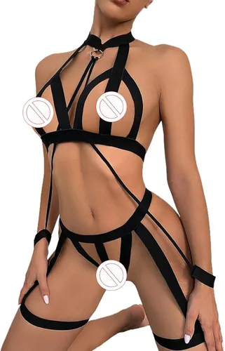Vista 5 de Conjunto de lencería sexy con tirantes halter para mujer, para sexo, travieso, gótico, hueco y bragas con esposas