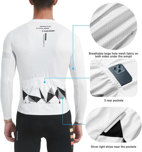 Vista 30 de Santic - Camiseta de ciclismo para hombre, manga larga, reflejante, cremallera completa, con bolsillos