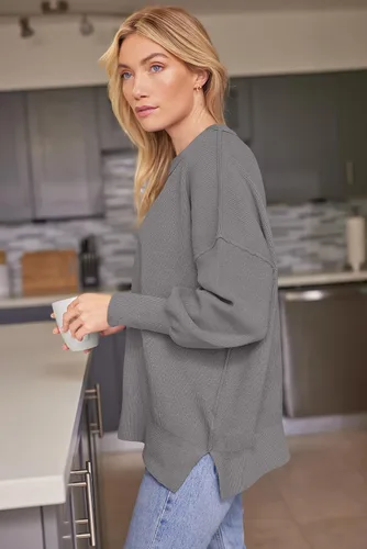 Vista 246 de Lillusory - Suéter extragrande con mangas de murciélago y cuello redondo para mujer, prenda moderna de otoño de tejido de punto sin botones