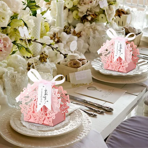 Vista 6 de Cholemy Paquete de 100 cajas de regalo de mariposa para baby shower, caja de regalo de mariposa pequeña con tarjeta de agradecimiento y cinta