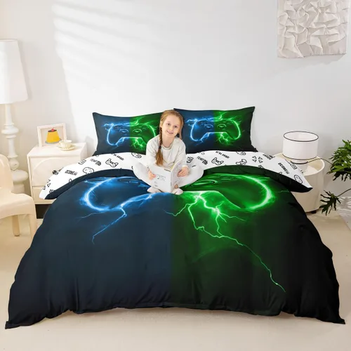 Vista 22 de Juego de funda de edredón con diseño de videojuegos para niños, tamaño individual, negro y azul a cuadros, juego de ropa de cama moderna