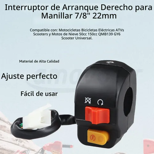 Vista 3 de Botón de interruptor de faros delanteros de montaje en manillar derecho de 7/8 pulgadas con interruptor de encendido, piezas de repuesto