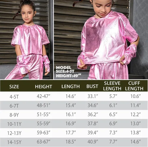 Vista 7 de Perfashion Camisas metálicas para niñas con mangas de brazo, top corto brillante para baile, raves, festivales, disfraces de 4 a 15 años