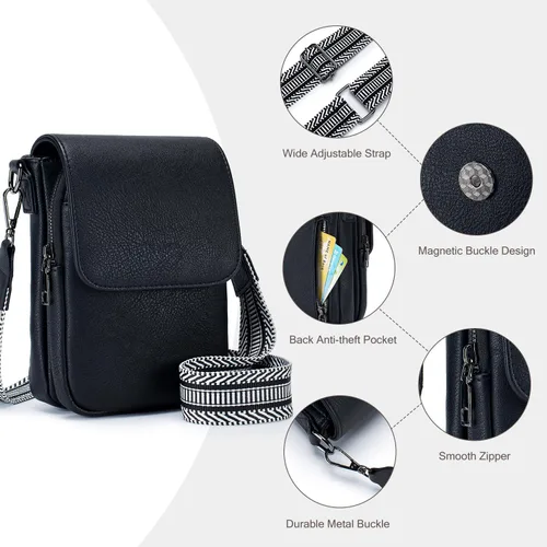 Vista 6 de POIUGOYA Bolsos cruzados pequeños para mujer, a la moda, de cuero, con triple compartimento, para teléfono celular, con correa ajustable
