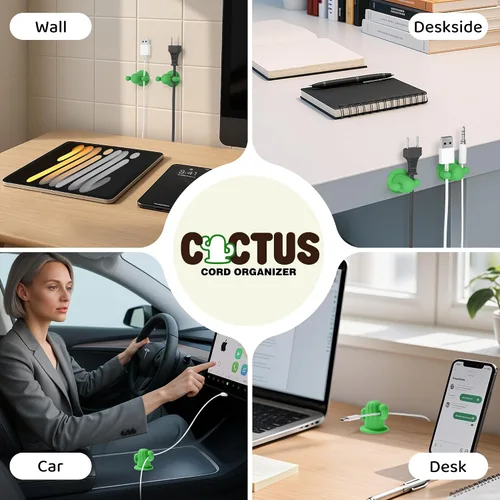 Vista 7 de ELETIUO Cactus - Organizador de cables de silicona con adhesivo fuerte, soporte universal para cables para escritorio, hogar, automóvil, organizador