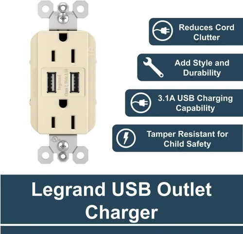 Vista 3 de Legrand Radiant TM826USBLACCV4 - Receptáculo de salida dúplex resistente a manipulaciones de 15 amperios con cargador USB tipo A de 3.1 A, almendra