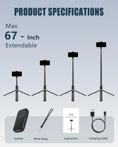 Vista 9 de Trípode automático para teléfono, 67 pulgadas de despliegue automático para selfie stick con control remoto, giratorio de 360°, extensible