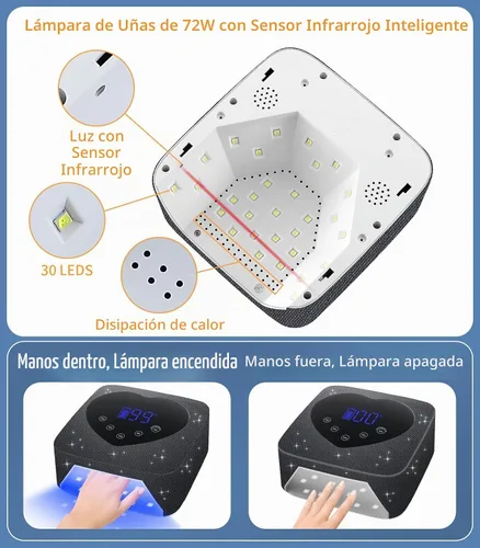 Vista 2 de Luz UV para uñas, lámpara de uñas UV inalámbrica 72W, secador LED recargable