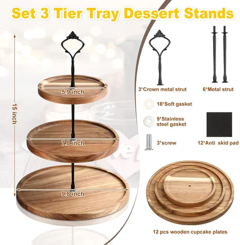 Vista 2 de Zopeal Juego de 3 soportes de madera para cupcakes de 3 niveles, bandeja de madera rústica para servir postres de granja, soporte para torre