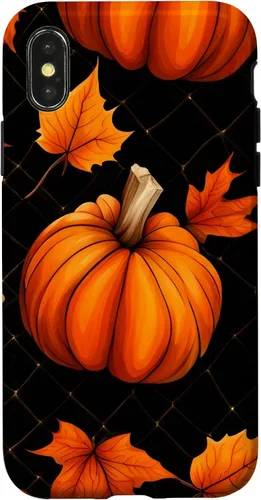 Vista 4 de iPhone 14 calabazas negro y naranja cuadros otoño hojas otoño Halloween caso