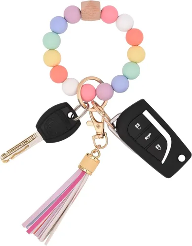 Vista 20 de BAOSIWA Pulsera de cuentas de silicona, llavero de pulsera, cadena para mujer, con borla de cuero Negro