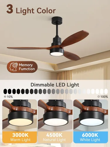 Vista 6 de Sofucor Ventilador de techo con luces y control remoto, ventilador de techo de madera LED moderno de 52 pulgadas con varillas descendentes