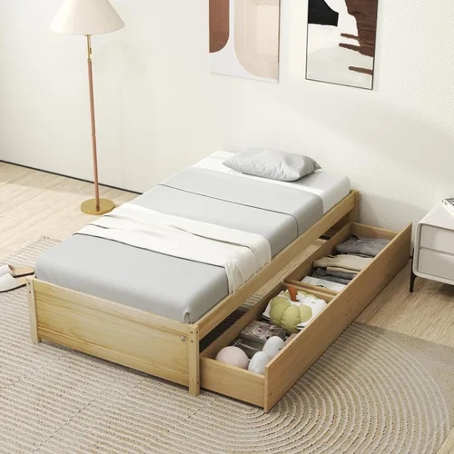 Vista 3 de Giantex Base de cama de plataforma de tamaño individual con 2 cajones de almacenamiento, marco de cama de madera maciza, base de colchón de soporte