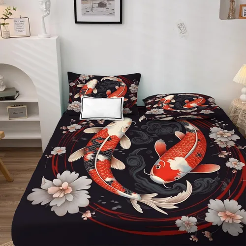 Vista 2 de Koi Fish Sábanas tamaño individual, sábanas japonesas con flores, sábanas y fundas de almohada estampadas de 3 piezas, sábana bajera ajustable