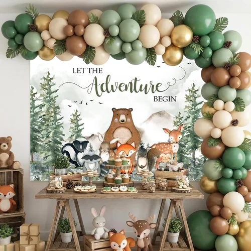 Vista 3 de Avezano Telón de fondo de baby shower con texto en inglés "Let The Adventure Begin Baby Show", decoración de fiesta para niños, pancarta de desierto