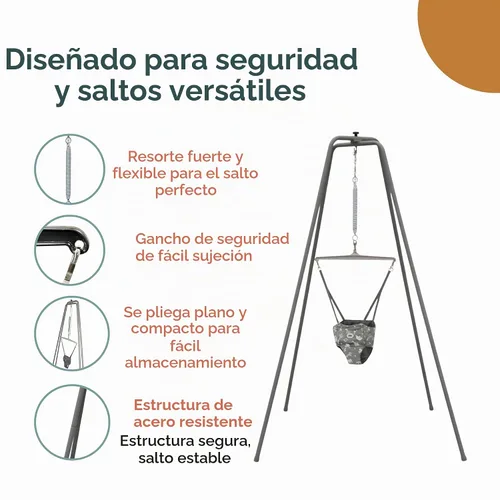 Vista 2 de Jolly Jumper Elite (Grey Safari) Ejercitador para Bebé - Marco Resistente, Saltador para Bebé con Soporte de 6 Pies de Alto, Asiento de Sillín