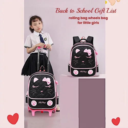 Vista 2 de Mochila con ruedas para niñas, mochila escolar, con estampado de cara de gato, equipaje de mano con ruedas, 2 Ruedas Negro, L, Estilo A -2 Ruedas