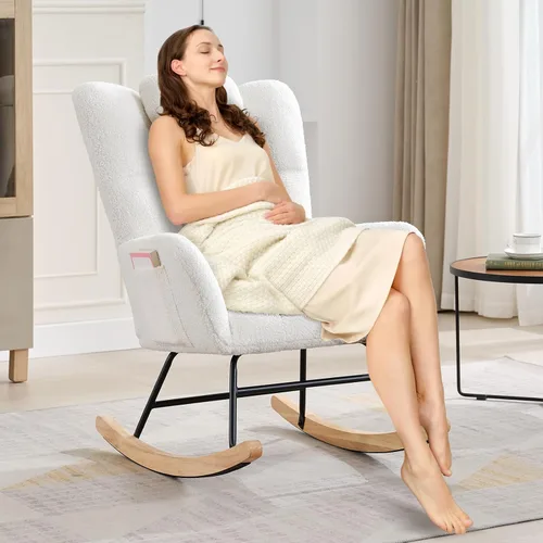 Vista 2 de Silla mecedora tapizada para guardería, mecedora tapizada con asiento acolchado con respaldo alto, silla auxiliar cómoda