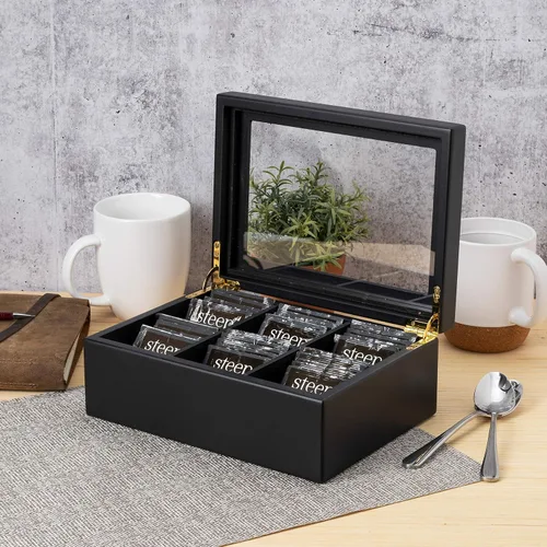 Vista 4 de Break Tradition Organizador de té de madera para bolsitas de té, negro