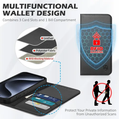 Vista 3 de SHIELDON - Funda tipo cartera de piel auténtica para iPhone 15 Pro de 6.1 pulgadas 2023, color negro Magnetic Closure, RFID Blocking, Credit Card