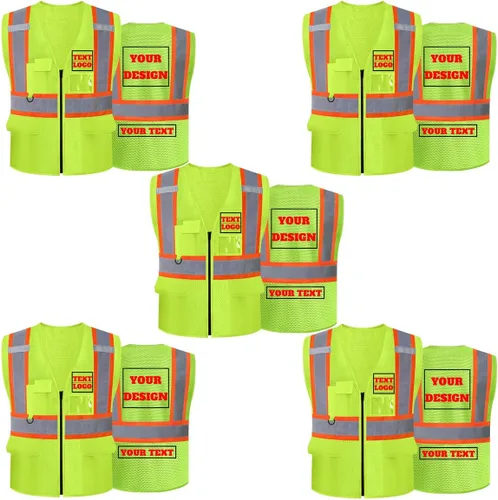 Vista 25 de Chaleco de seguridad reflectante de malla con logotipo personalizado Clase 2 con 5 bolsillos y cremallera