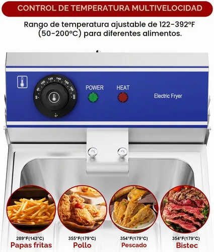 Vista 6 de DULONG Freidora eléctrica comercial, freidora de acero inoxidable para encimera de 10.57/10L con canasta, control de temperatura de 1500 W, freidora