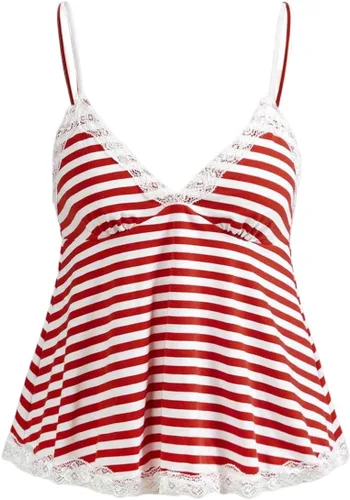 Vista 9 de SOLY HUX Tops tipo babydoll a rayas con encaje Y2K para mujer Negro (Black Polka Dots)